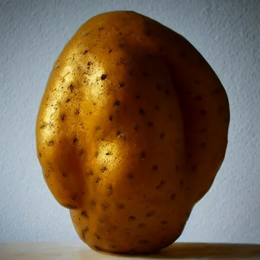 Prompt: “ sculpture made out of a potato, cute, impressionist, dramatic lighting ”