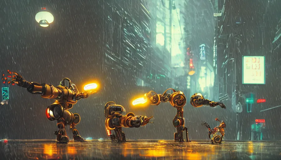 Image similar to a steampunk robot duels a cyberpunk robot, raining, sharp focus, james gilleard, cinematic, game art, extremely detailed digital painting