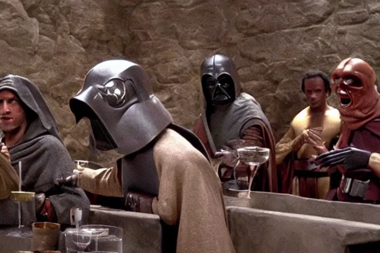 Image similar to the cantina scene from the medieval morality play star wars