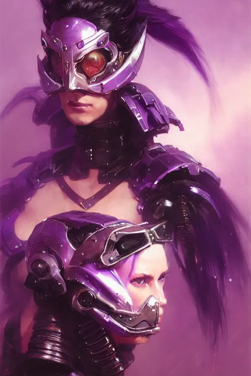 Image similar to extreme close up, facial portrait, woman with a long black ponytail in purple sci - fi armor, wearing a kitsune mask, mechanical shoulder pads, striking pose, portrait dnd, painting by gaston bussiere, craig mullins, greg rutkowski, yoji shinkawa