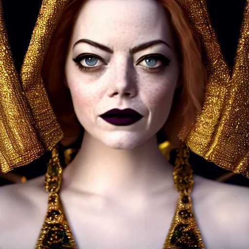 Image similar to a close up portrait of emma stone, she is dressed as a belly dancer,, arabian night, in focus sharp face with fine details, wearing black gloves, volumetric lightening, octane render, high quality, fully detailed, 4 k, alphonse mucha, masterpiece, stunning