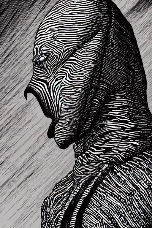 Prompt: a vibrant ultraclear waist up sideview portrait of zebra wearing black cape hoodie by laurie greasley and kilian eng and josan gonzalez and rene magritte, ( ( etching by gustave dore ) ), colorful flat surreal, ethereal, intricate, sharp focus, illustration, highly detailed, digital painting, concept art, masterpiece