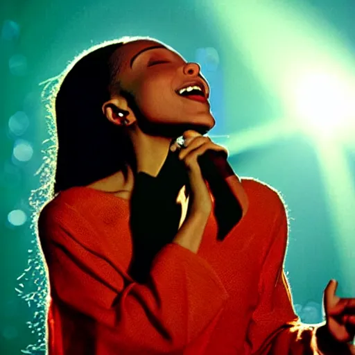 Image similar to picture of Sade Adu with sunlight behind her singing