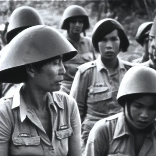 Prompt: Giorgia Meloni in the Vietnam war, historical photo, 35 mm, documentary photo