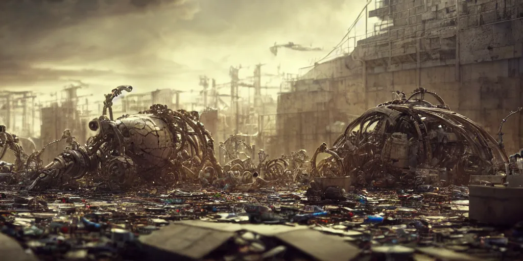 Image similar to shot of film by near future syle biomechanical concentration camp, with rubbish, scrap metal, trash, very detailed cinematic, hyper detailed, hyperrealism, digital art, octane render, beautiful composition, trending on artstation, award - winning photograph, masterpiece