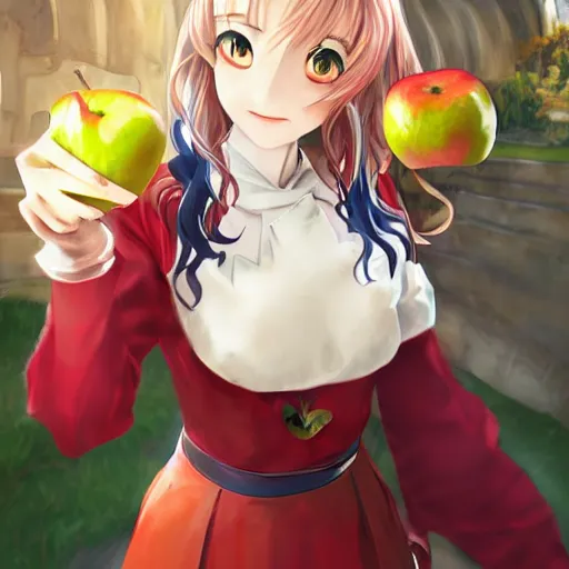 Image similar to isekai masterpiece by liya nikorov, zeronis, sciamano 2 4 0, and airi pan. of a girl holding an apple