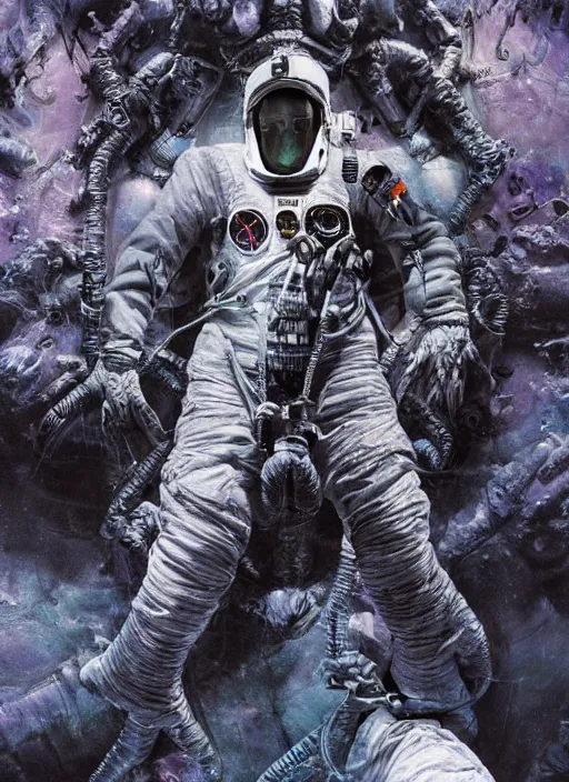 Image similar to astronauts in dark and empty void underwater - complex and hyperdetailed technical suit. reflection and dispersion materials. rays and dispersion of light. volumetric light. 5 0 mm, f / 3 2. noise film photo. flash photography. ultra realistic, wide angle. poster by wayne barlowe, hajime sorayama aaron horkey, craig mullins