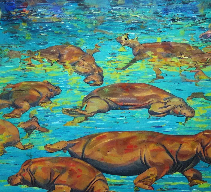 Prompt: a shallows with hippopotamuses. in a neo - figurative art style. using action painting.