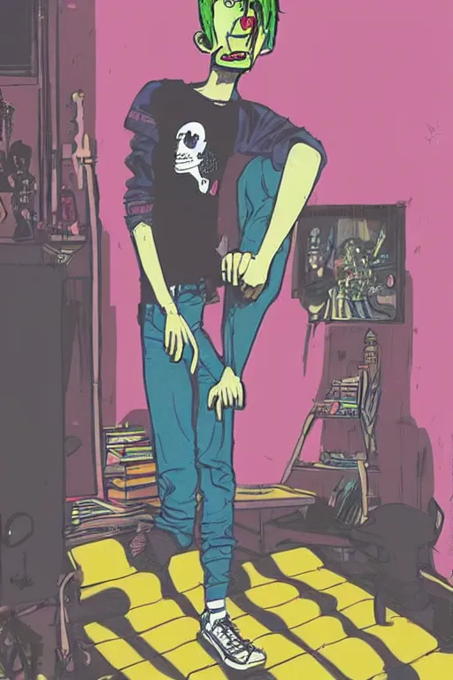 Image similar to a skinny goth guy standing in a cluttered 9 0 s bedroom by jamie hewlett, jamie hewlett art, full body character concept art, vaporwave colors, aesthetic!!,