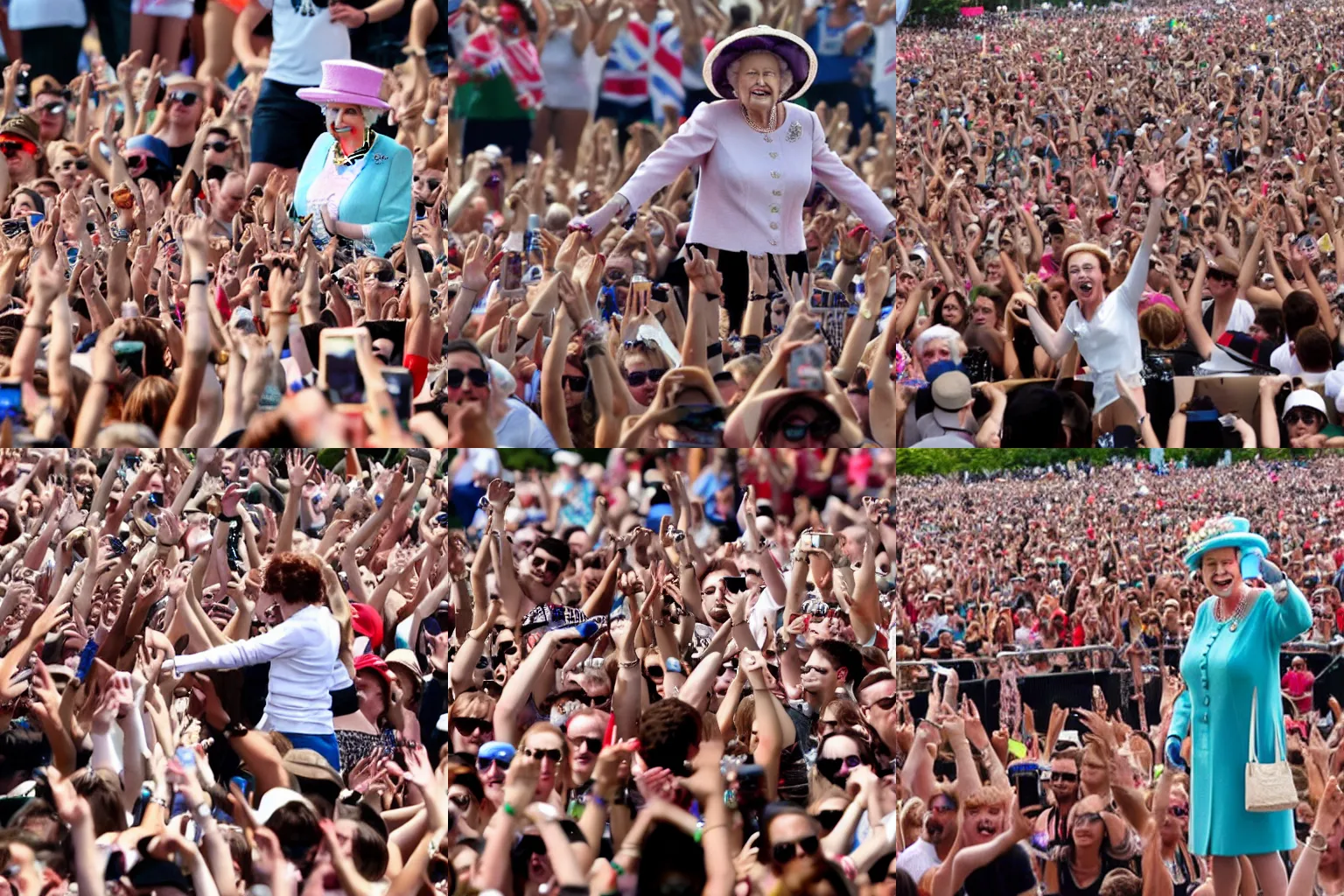 Prompt: Queen Elizabeth cheering in the middle of a crowd in Lollapalooza