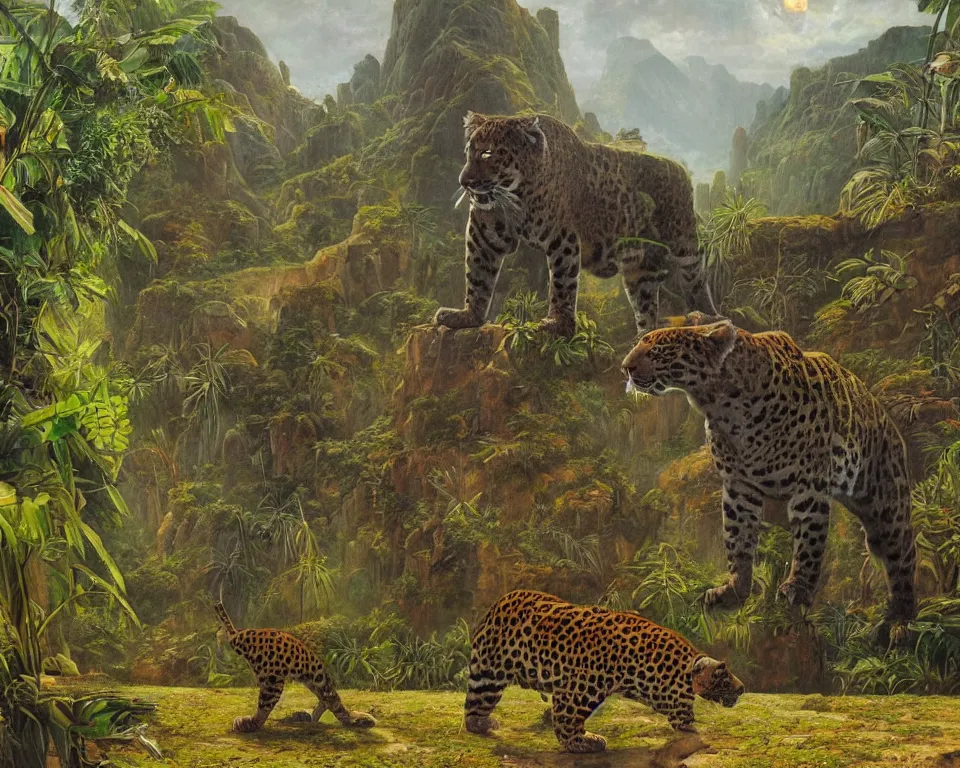 Image similar to an achingly beautiful oil painting of an Incan jaguar standing alone in the square of a resplendent futuristic jungle city by Raphael and Hopper.