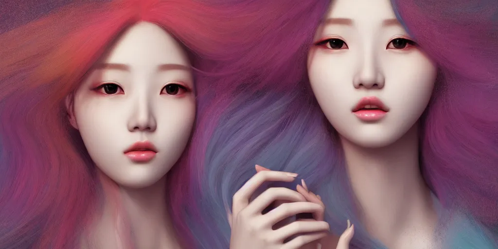 Image similar to a portrait of a very beautiful kpop goddess, seductive look, with hair radiating swirling paint and impasto by botticelli and caravaggio, background is volumetric displacement, 3 d render, hyperreal, subsurface scattering, arnold render, 8 k, houdini, xparticles