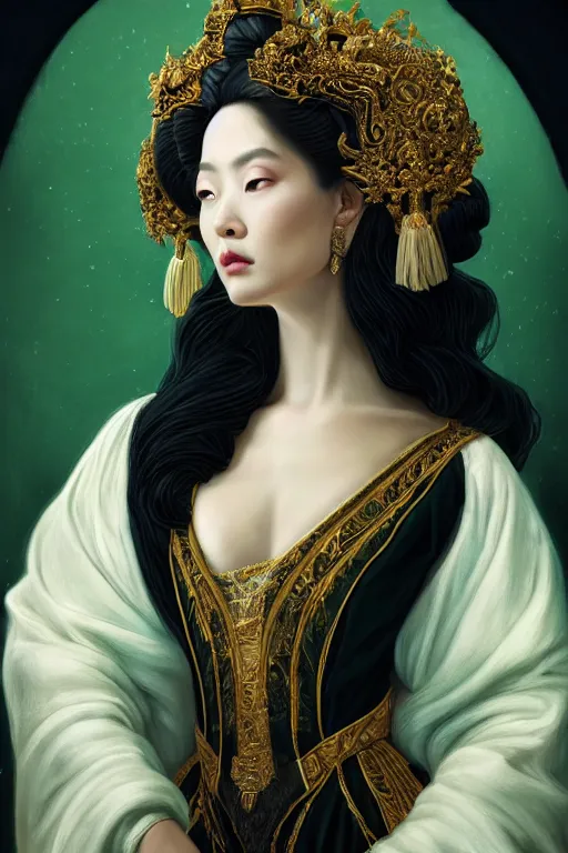 Image similar to a beautiful empress portrait, with a brilliant, impossible striking big hairstyle black hair, clothes white robes, everything hair, symmetrical, dramatic studio lighting, rococo, baroque, greens, asian, hyperrealism, closeup, D&D, fantasy, intricate, elegant, highly detailed, digital painting, artstation, octane render, 8k, concept art, matte, sharp focus, illustration, art by Artgerm and Greg Rutkowski and Alphonse Mucha