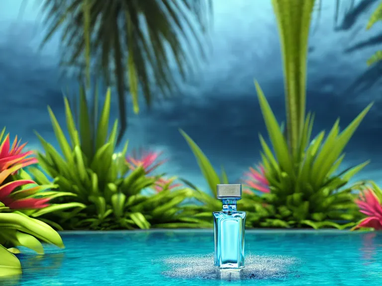 Image similar to perfume bottle standing in a desert oasis in deep blue pond water surrounded by tropical flowers by zaha hadid ; octane highly render, 4 k, ultra hd, 2 0 0 mm, mute dramatic colours, soft blur outdoor stormy sea background, up close shot, sharp focus, global illumination, irakli nadar