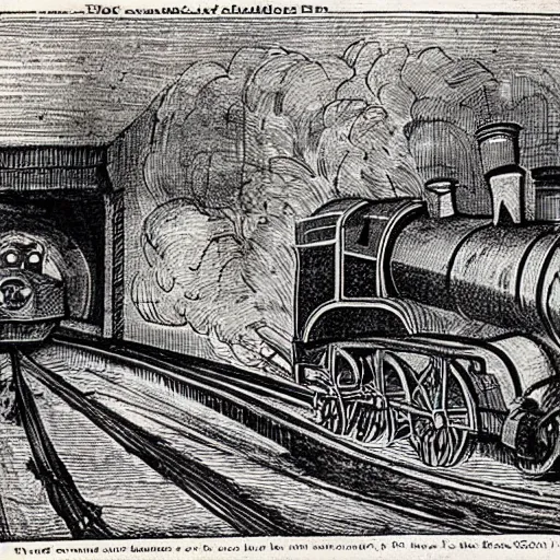 Image similar to 1 7 0 0 s newspaper etching of thomas the tank engine crashing into grand central station