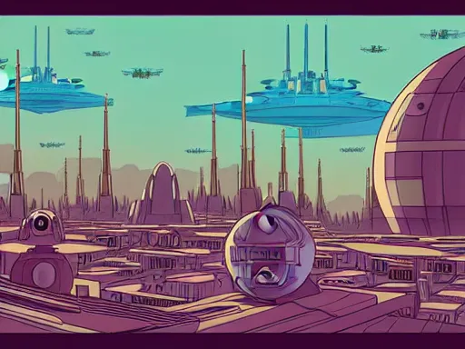 Image similar to a scifi illustration, Galactic City on Coruscant from Star Wars. flat colors, limited palette in FANTASTIC PLANET La planète sauvage animation by René Laloux