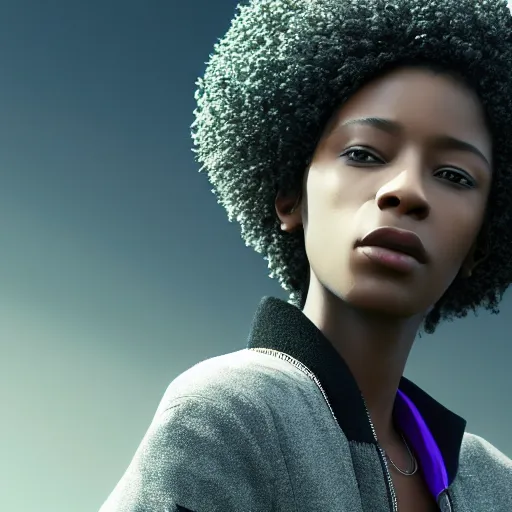 Prompt: black woman, hairstyle = short bob, hair colour = light grey, eyes = purple, wearing dark green bomber jacket, realistic 4 k octane beautifully detailed render, 4 k post - processing, highly detailed, intricate complexity, epic composition, magical atmosphere, cinematic lighting, masterpiece, ultra hd