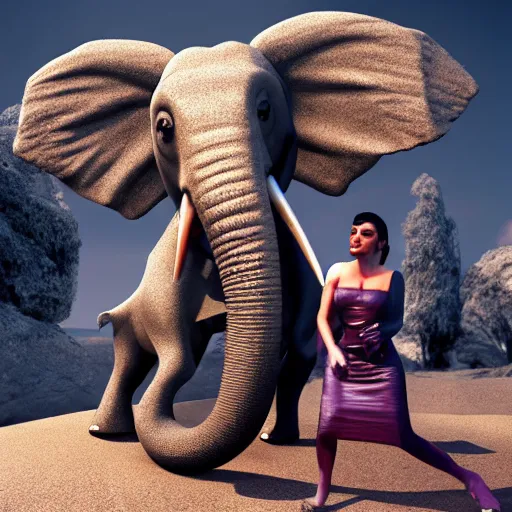 Image similar to the kardashian eating a dead elephant, grotesque, ultra hd, unreal engine