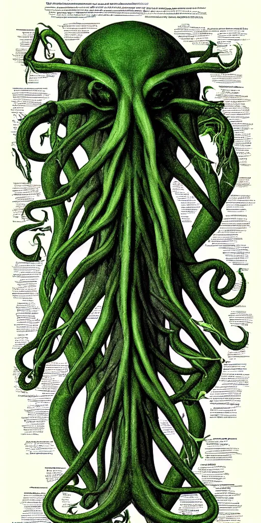 Image similar to cthulhu cross section scientific illustration biology book, highly detailed