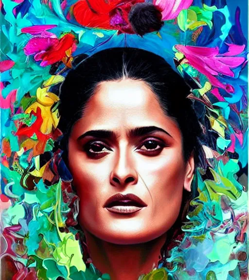 Image similar to beautiful painting of salma hayek by dariusz zawadski, contemporary, creepy, colorful acrylic, realistic portrait by kehinde wiley and archan nair