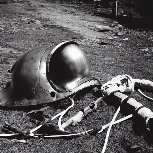 Image similar to wide angle photo of viking wearing space suit helmet and viking armor working on the antigravity gun ancient device, tools and junk on the ground,wires and lights, old village in the distance, vintage old photo, black and white, sepia