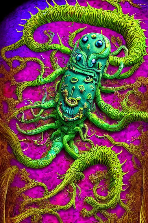 Image similar to creature sushi roots cactus elemental flush of force nature micro world fluo light deepdream a wild amazing steampunk baroque ancient alien creature, intricate detail, colorful digital painting radiating a glowing aura global illumination ray tracing