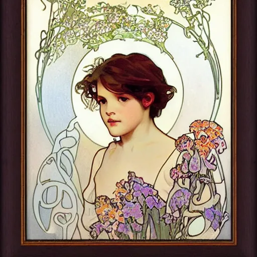 Image similar to art nouveau painting by Alphonse Mucha of a little girl with curly brown hair framed by flowers. Soft, muted colors, dreamy aesthetic.