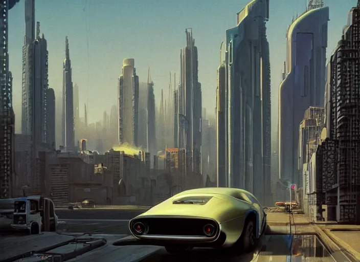 Prompt: a car driving down a street next to tall buildings the night at 8:00 am, cyberpunk art by Chesley Bonestell, cgsociety, retrofuturism, matte painting, reimagined by industrial light and magic