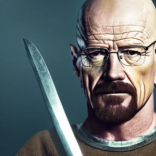 Prompt: walter white from breaking bad wearing knight armor and holding a sword, 4 k, hyper realistic