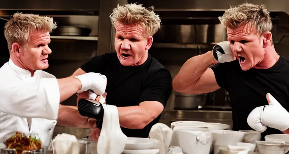 Image similar to photo of angry furious Gordon Ramsay punching Gordon Ramsay at the kitchen