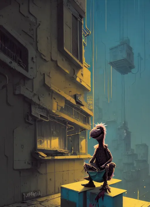 Image similar to highly detailed matte painting, of punk muppet sitting on maximalist 3 d calligraphy graffiti tag light eroding grey walls, by atey ghailan, by greg rutkowski, by greg tocchini, by james gilleard, by joe fenton, by kaethe butcher, yellow, brown, black and cyan mystical color scheme, grunge aesthetic, octane render