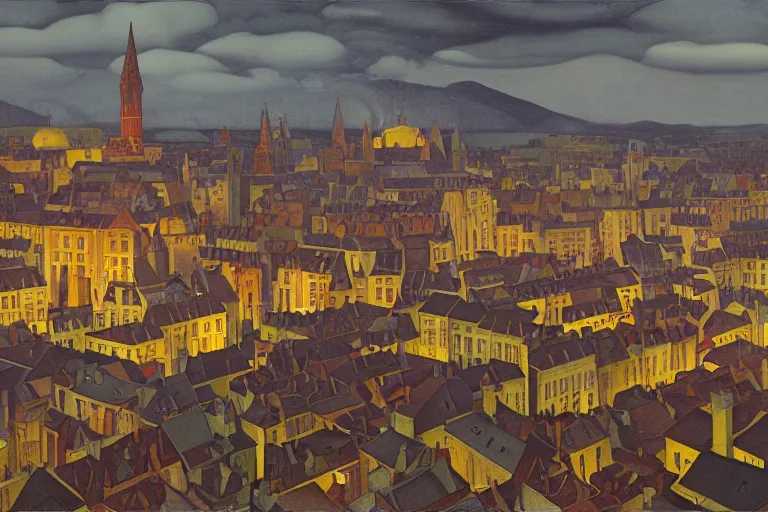 Image similar to view of the old grey city and its winding streets still wet after a storm, tall windows lit up, beautiful ornamental architecture, dramatic cinematic lighting, rich colors, by Nicholas Roerich and William Dyce and ford madox brown and April Gornik and Sylvain Sarrailh and Ludwig Deutsch and Diego Rivera, featured on artstation