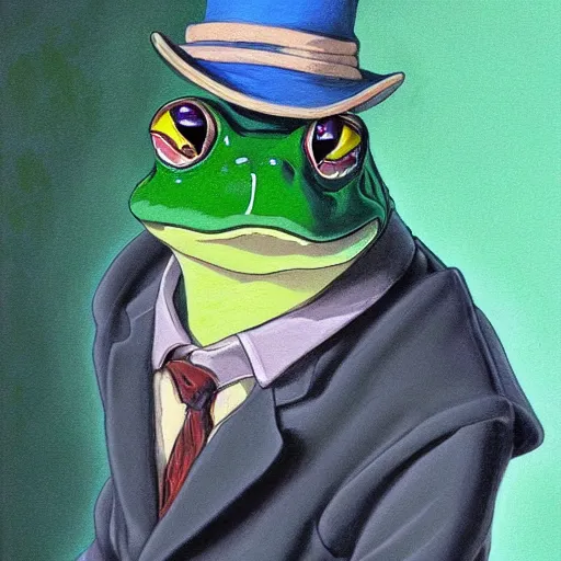 Image similar to A professional portrait of a frog wizard, painted by Studio Ghibli, 4k, traditional art, trending on deviantart, highly detailed, full body shot, wide depth of field, professional lighting, airbrush
