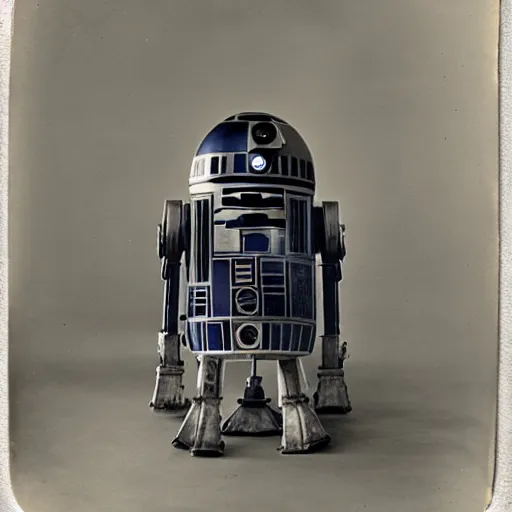 Prompt: Tintype photograph of R2D2 displayed in an ethnographic museum, archive material, anthropology, 1920s studio lighting.