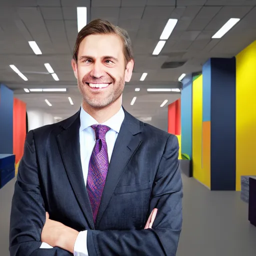 Prompt: Smiling Corporate CEO in boldly colored office, he is surrounded by severed human body parts, award winning photo, intense palette, front flash, harsh shadows, sharp detail