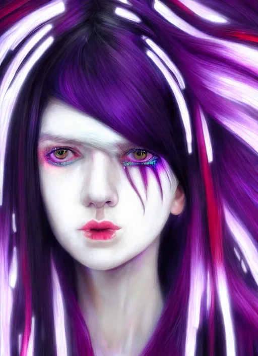 Image similar to hair whitebangs hair, black cyberlox, portrait of teenage girl with white bangs, whitebangsblackhair, messy bangs, cyberlox, whitebangs, red irises, purple clothes, intricate, elegant, glowing lights, highly detailed, digital painting, artstation, concept art, sharp focus, illustration, art by wlop, mars ravelo and greg rutkowski