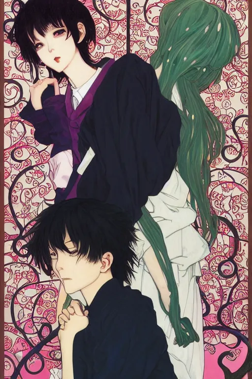 Image similar to professionally drawn shoujo mature horror mystery romance manga comic cover, beautifully drawn museum portrait coherent professional, drawn by ilya kuvshinov, gustav klimt, alphonse mucha and tsutomu nihei. japanese script kanji hiragana on the cover. simplistic minimalist stylized cover art. pink & green & blue full color.