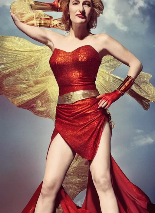 Image similar to full length photo of a gorgeous Gillian Anderson dressed as wonder woman by Mario Testino, detailed, head shot, award winning, Sony a7R