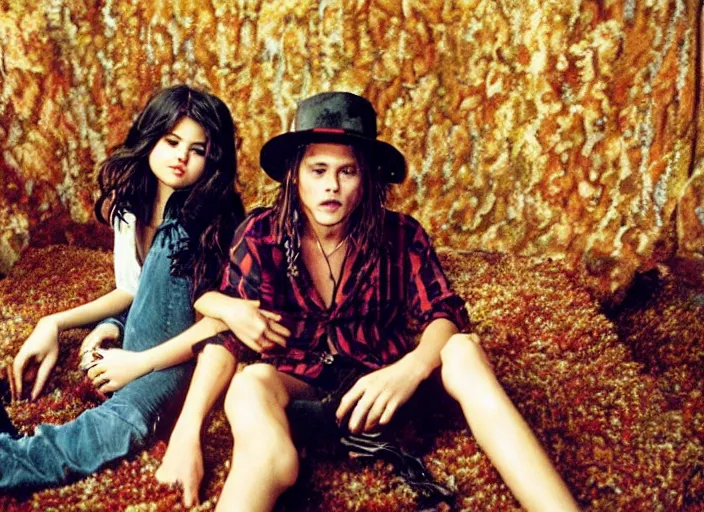 Image similar to Selena Gomez and Young Johnny Depp on a mushroom trip on shag carpet , photograph by Annie Leibovitz and Mark Seliger; oil on canvas; Dalle