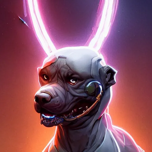 Image similar to an amazing portrait of a cute mad cyborg pitbull. intricate, epic lighting, cinematic composition, hyper realistic, 8 k resolution, unreal engine 5, by artgerm, tooth wu, dan mumford, beeple, wlop, rossdraws, james jean, marc simonetti, artstation