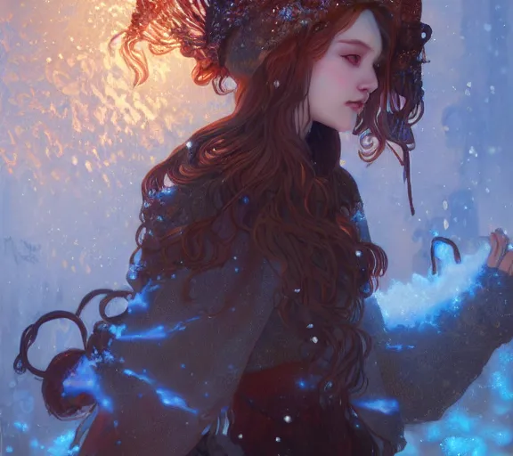 Image similar to beautiful ancient frost witch, fire in eye, snow glow!!, pool party, highly detailed, digital painting, artstation, sharp focus, illustration, art by tan zi and ayanamikodon and alphonse mucha and wlop
