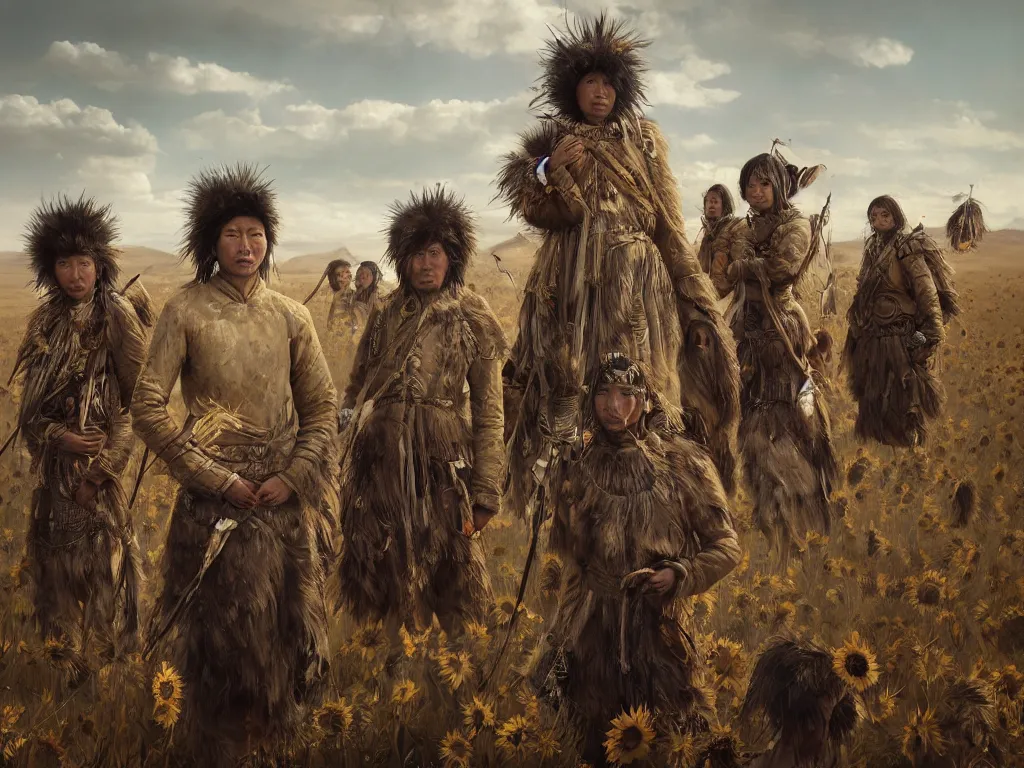 Prompt: a fancy portrait of the mighty sunflower people, a powerful nomadic mongolian tribe of giant humans that follows the sun in a vast barren valley where helianthus grow, by Greg Rutkowski, Sung Choi, Mitchell Mohrhauser, Maciej Kuciara, Johnson Ting, Maxim Verehin, Peter Konig, Bloodborne, macro lens, 35mm, 8k photorealistic, cinematic lighting, HD, high details, atmospheric