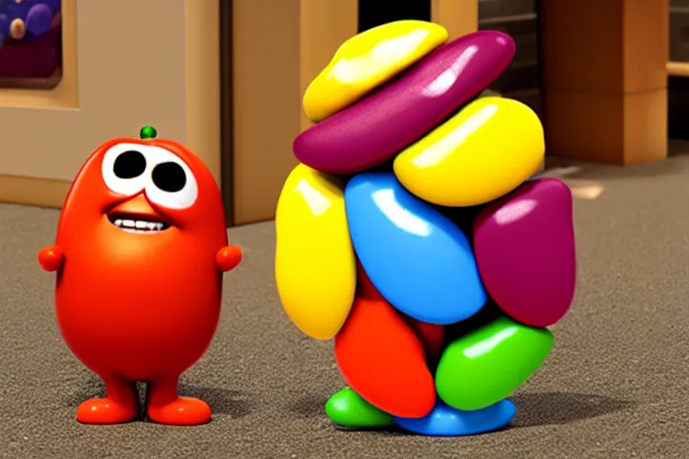 Prompt: an anthropomorphic jelly bean, happy and holding a box, pixar