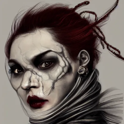 Prompt: portrait of a Shibari rope wrapped face and neck, headshot, black painted face, insanely nice professional hair style, dramatic hair color, digital painting, of a old 15th century, old cyborg merchant, amber jewels, baroque, ornate clothing, scifi, realistic, hyperdetailed, chiaroscuro, concept art, art by Franz Hals and Jon Foster and Ayami Kojima and Amano and Karol Bak,