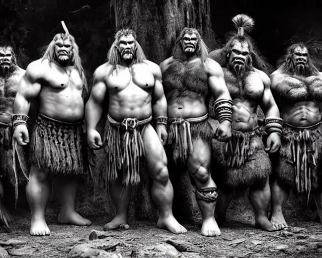 Image similar to hyper realistic group vintage photograph of a live action warcraft orc warrior tribe in the jungle, tall, hulk like physique, detailed faces, tribal paint, tribal armor, grain, old, monochrome, sepia toned, realistic lighting, wide angle