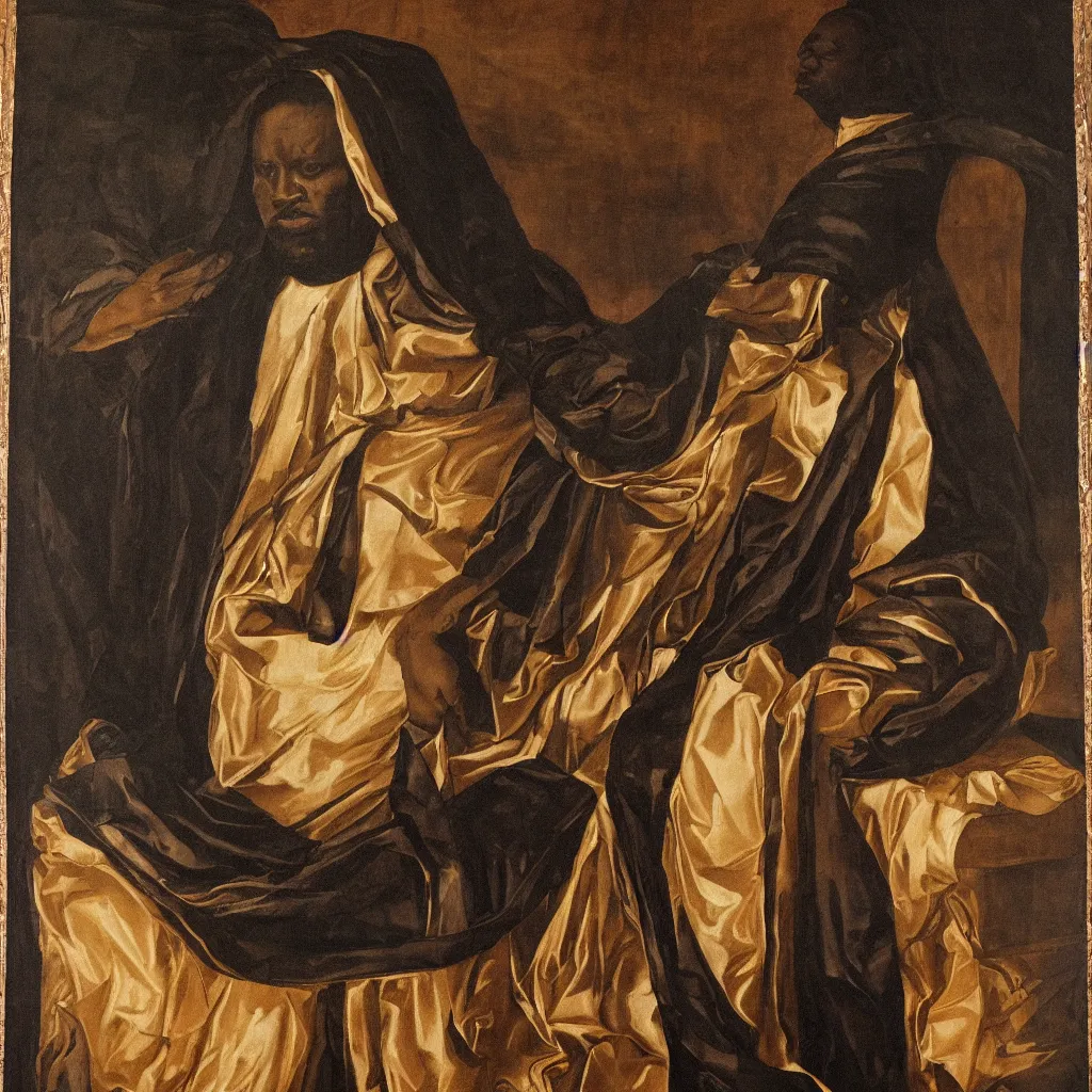 Image similar to Large black man sitting on throne wrapped in silk, background made of large folding curtains, dimly lit, dark, renaissance painting, style of carrivagio