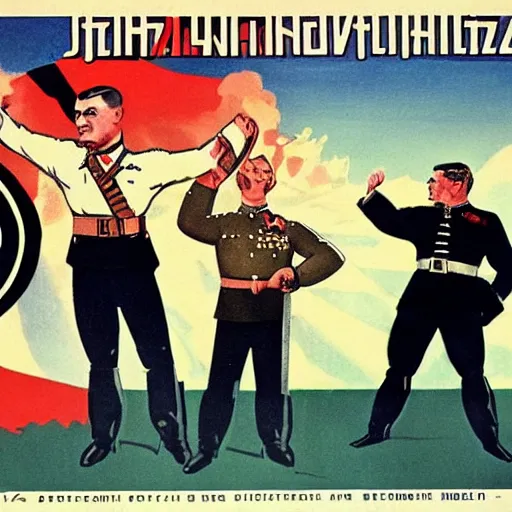 Image similar to leader of fascist hungary, viktor orban, adolf hitler and joseph stalin win farting contest together, soviet propaganda poster art from 1 9 4 4, colored, highly detailed illustration