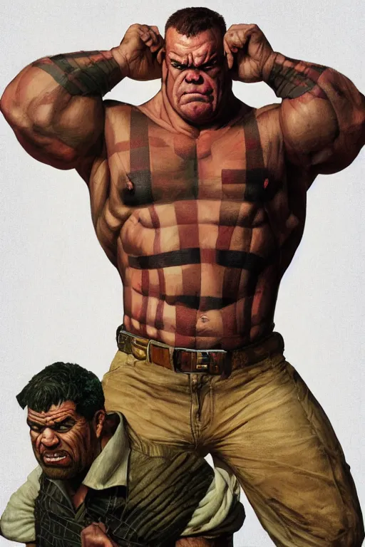 Prompt: upper body and head portrait of huge hulking absurdly muscular jocko willink as marvel character wearing plaid shirt and pants against simple background by alex ross and jack kirby and sergey kolesov and jason fabok and lawrence alma tadema and norman rockwell and greg staples, photoreal, cinematic, 4 k, high detail