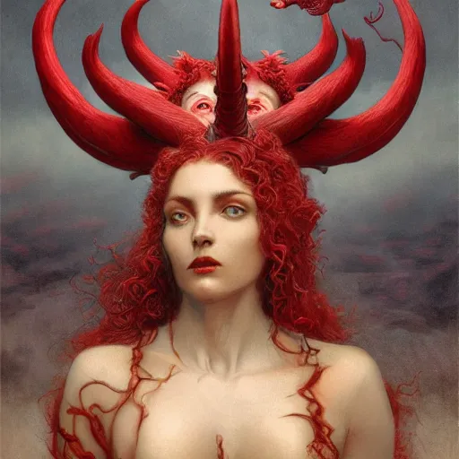 Image similar to a masterpiece! matte painting portrait of a scarlet - colored beast with seven ( 7 ) heads and ten ( 1 0 ) horns by gustave dore and stephen hickman and allen williams, trending on artstation, cgsociety, 8 k hd, earthtone colors, a cloaked woman riding the back of the beast