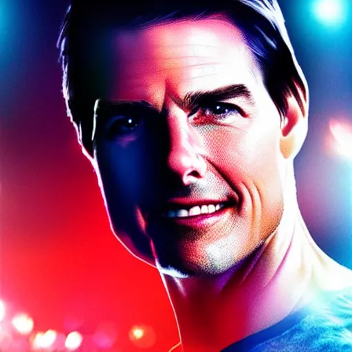 Image similar to “Tom Cruise, beautiful, Magic FX, red blue colors, lights, bokeh, highly detailed portrait, photorealistic, ultra detailed”